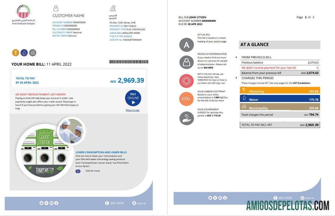 Em branco modelo de conta de serviços públicos Ajman Al Ain Distribution Co. em Word e PDF (5 páginas) 1 2